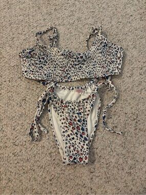Xhilaration Cream Bikini with Blue, Red & Black Leopard Print